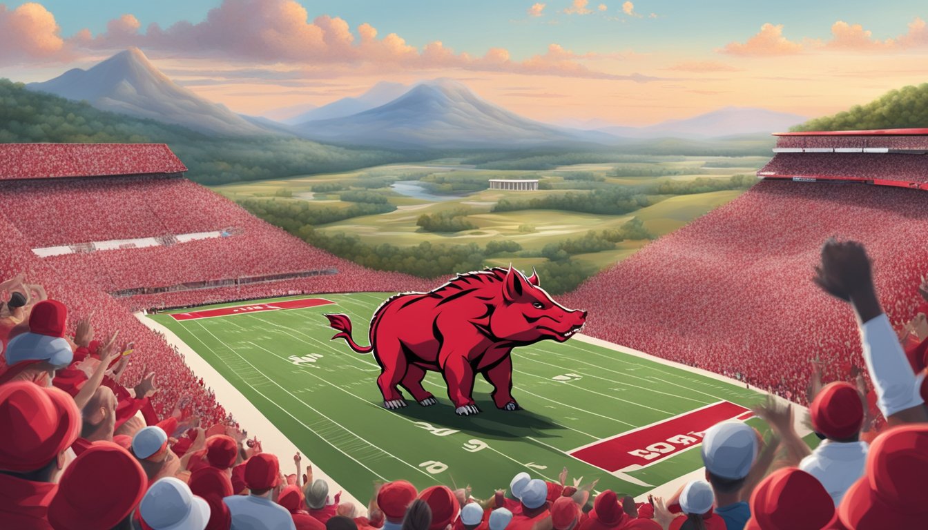 Two fierce razorback mascots face off in an intense game, surrounded by cheering fans and the iconic Arkansas landscape