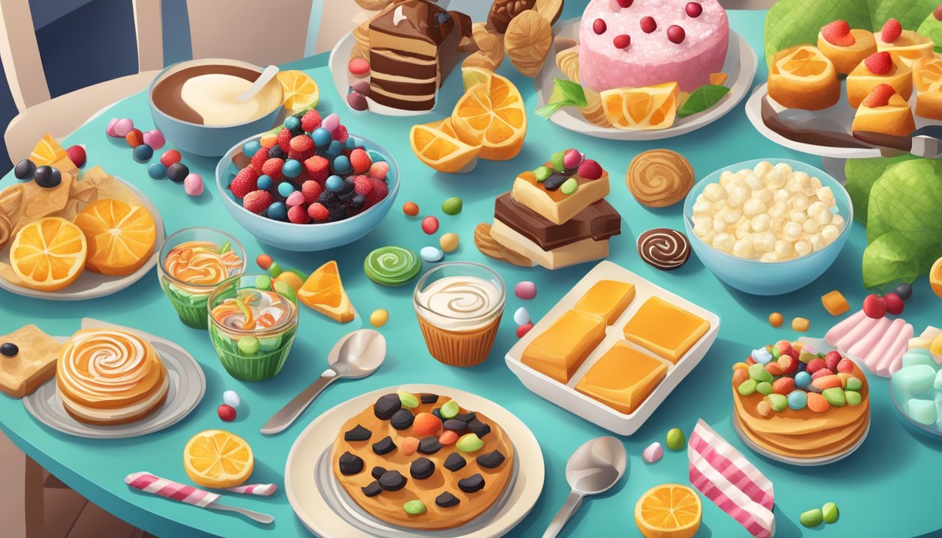 A festive table with a variety of sugary treats, surrounded by healthy food options and a glucometer