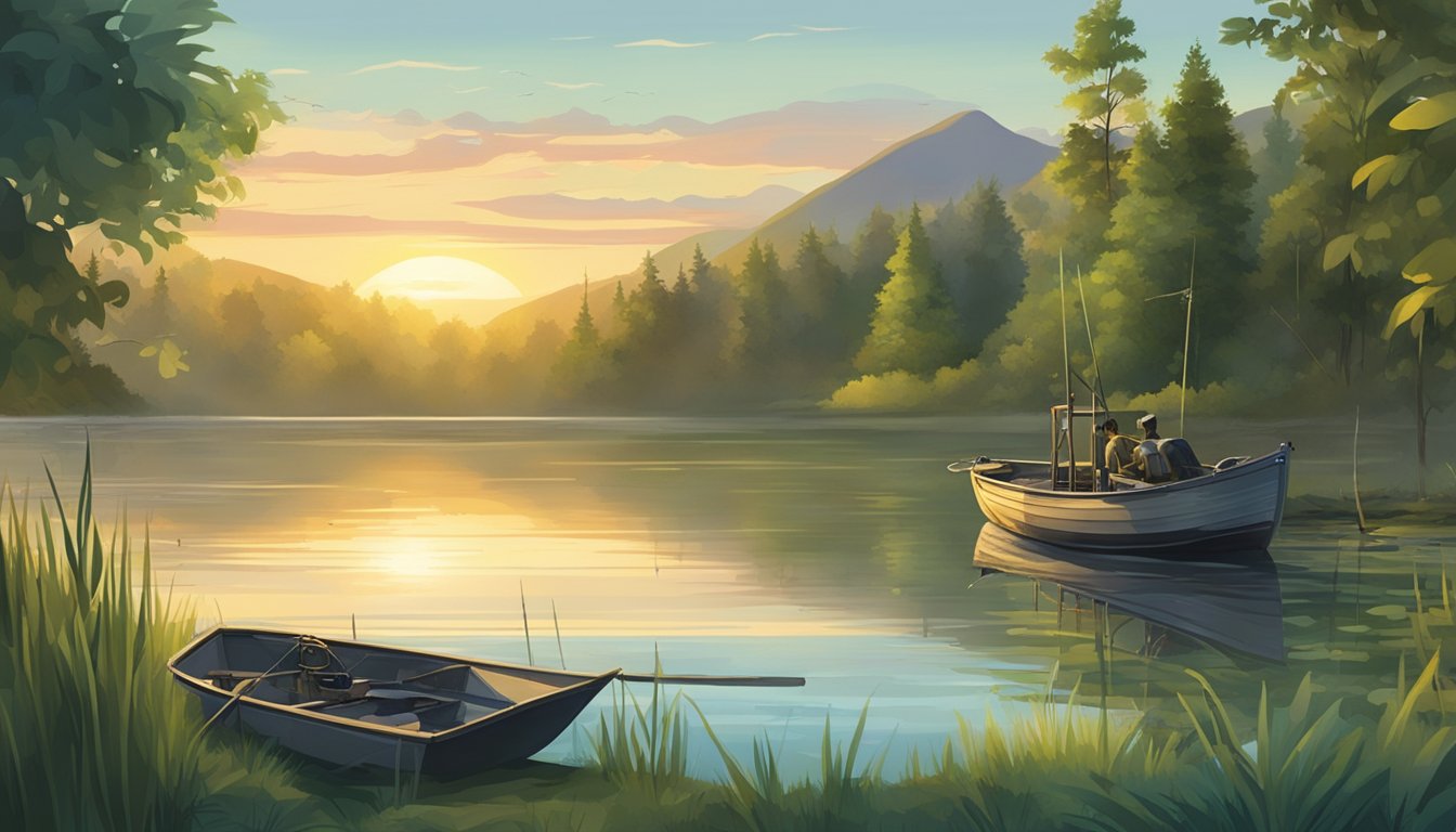 A serene lake at sunset, surrounded by lush greenery. A bowfishing boat is parked on the shore, with hunting gear and equipment scattered around