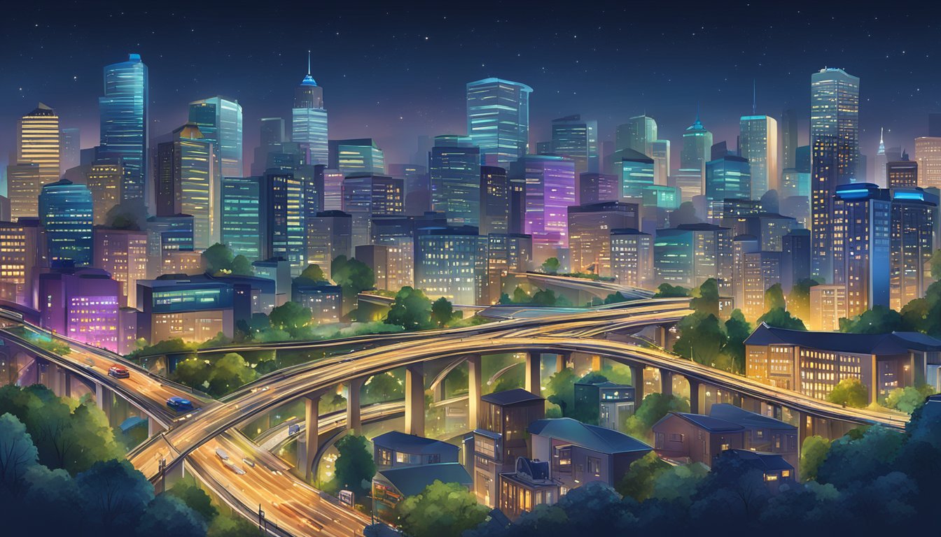 A bustling city skyline at night with bright, illuminated buildings and endless streams of traffic, showcasing the non-stop nature of the sleeplessness industry