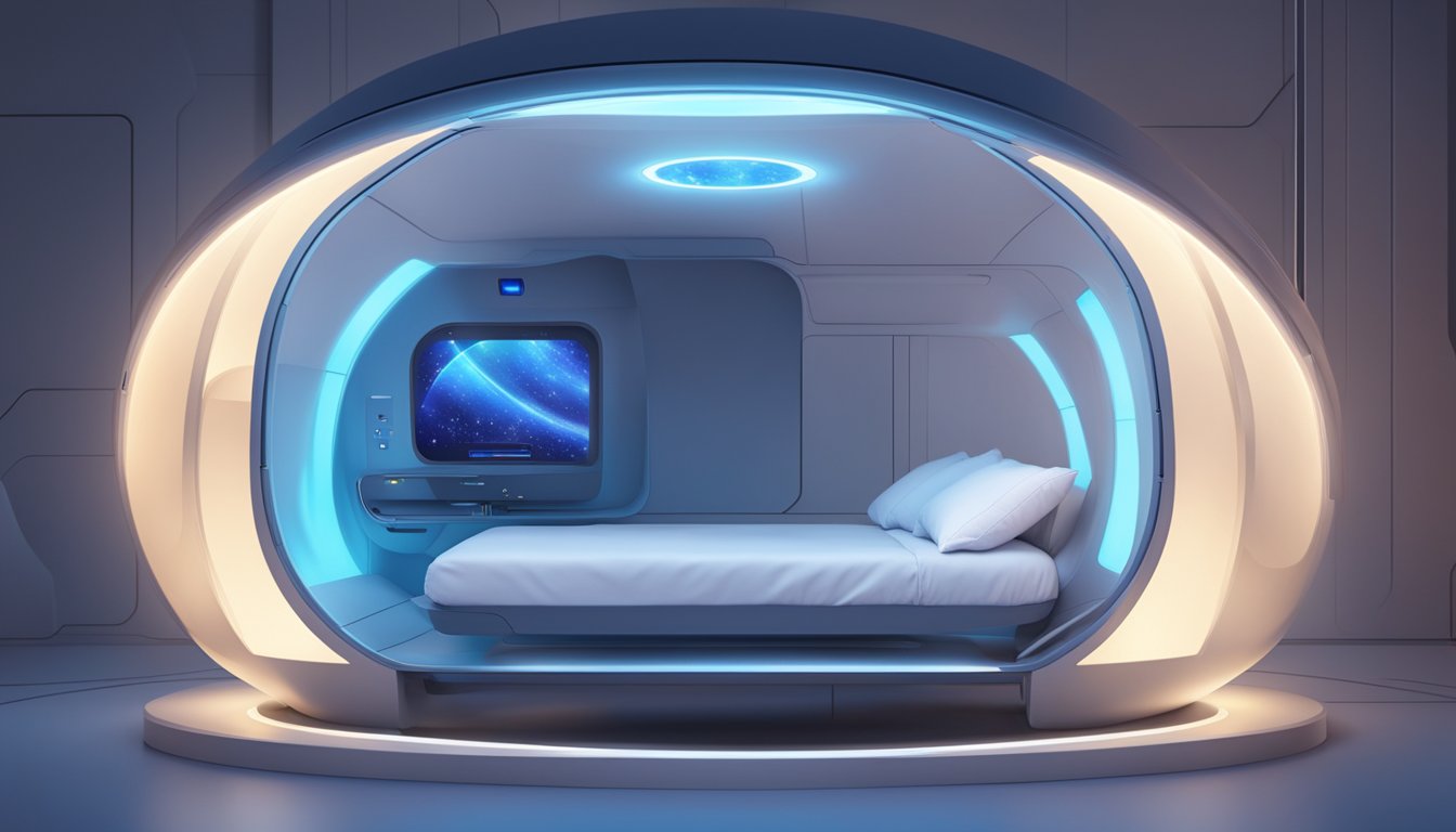 A futuristic sleep pod surrounded by advanced technology, with a soothing blue light illuminating the space