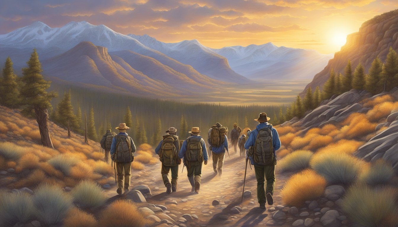 A group of hunters trek through the rugged Nevada wilderness, guided by Silver State Guides. The sun sets over the mountains as they track their prey