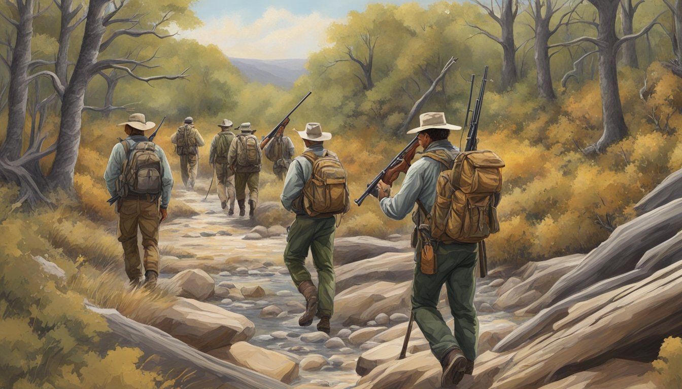 A group of hunters trek through the rugged Oklahoma wilderness, rifles in hand, as they search for their next big game