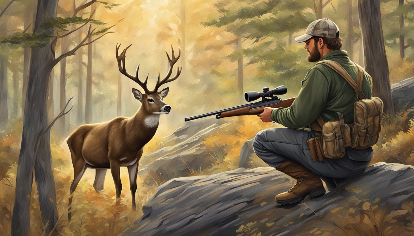 A hunter aiming a rifle at a deer in the Oklahoma wilderness