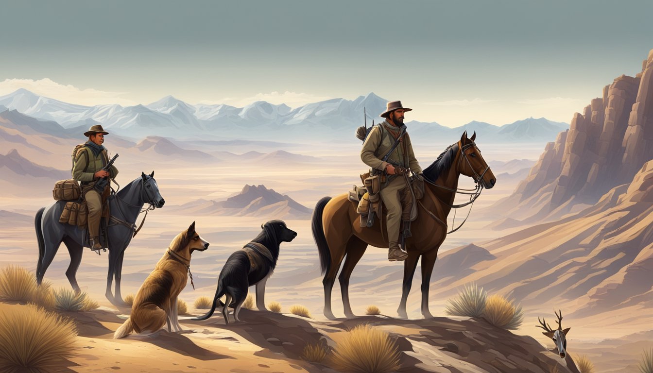 A vast desert landscape with rugged mountains in the distance, a group of hunters on horseback with rifles and hunting gear, accompanied by hunting dogs, trekking through the rugged terrain