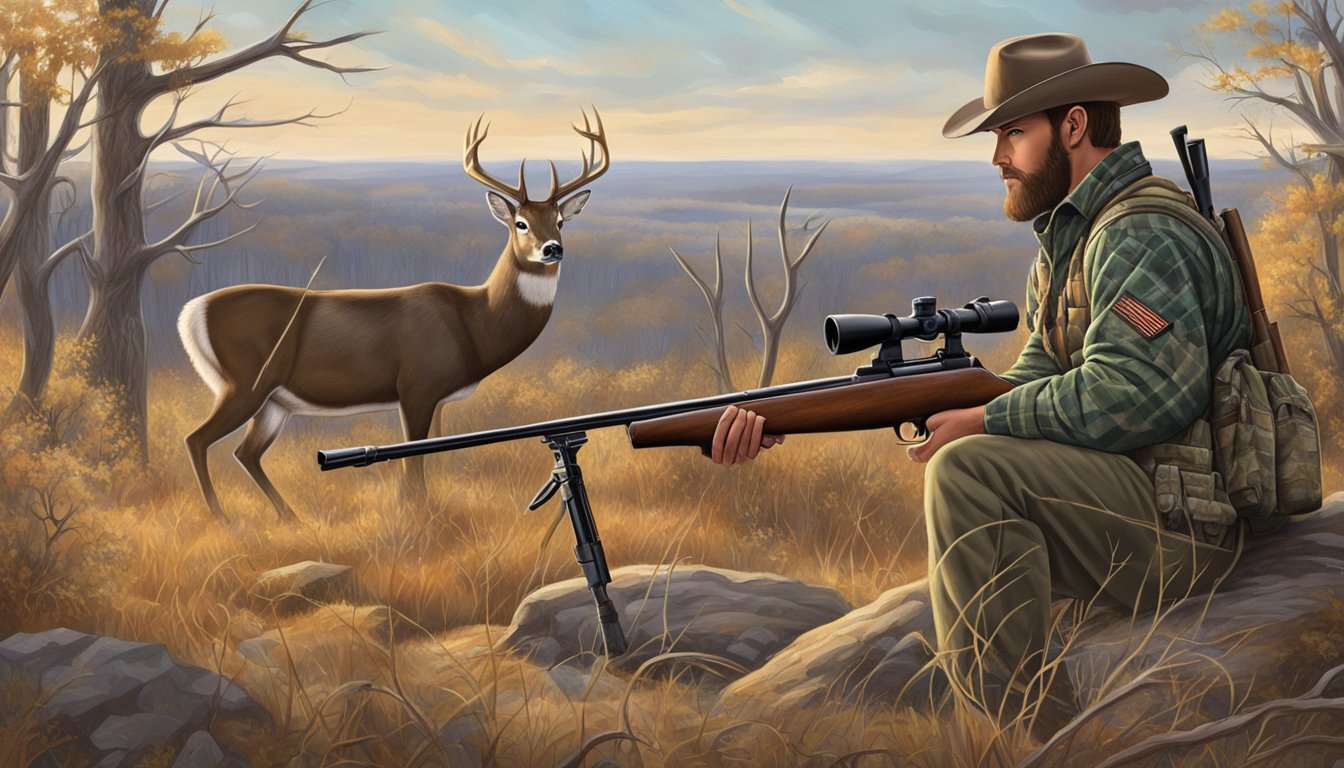 A hunter aims a rifle at a majestic buck in the Oklahoma wilderness