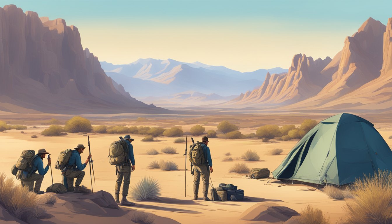 A vast desert landscape with rugged mountains in the background, a clear blue sky, and a group of hunters setting up camp