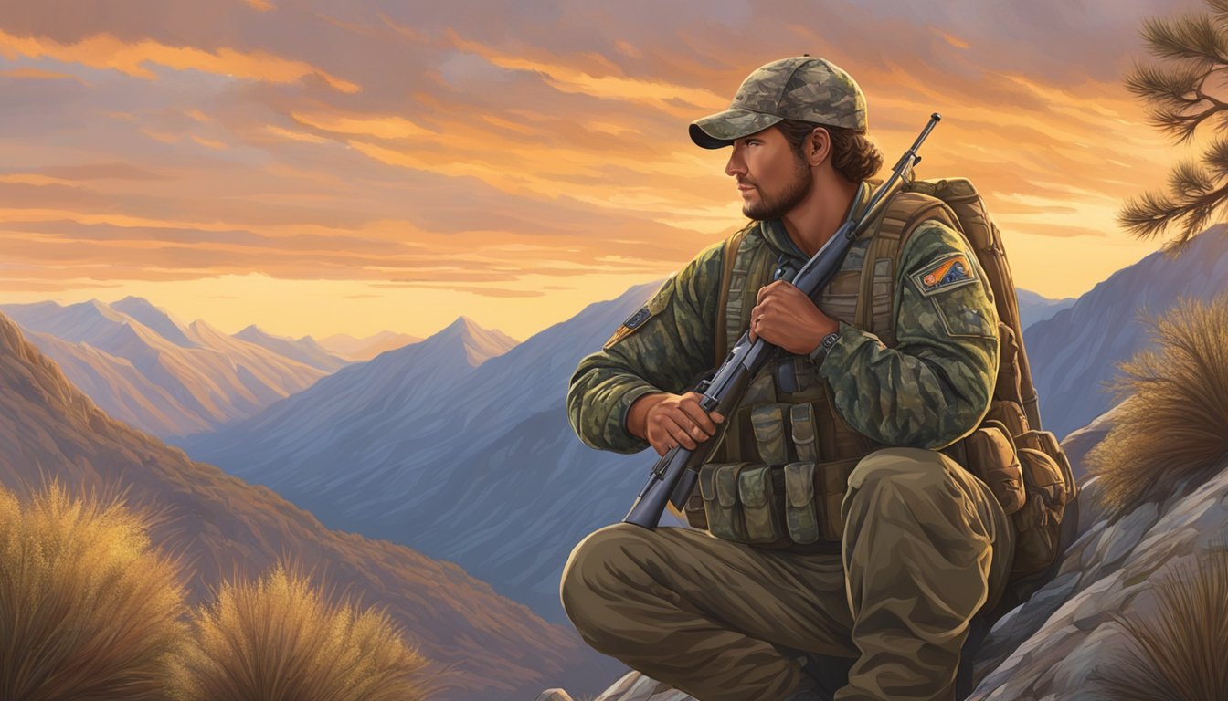 A hunter in camouflage gear quietly stalks through the rugged terrain of the Sierra Nevada mountains, rifle in hand, as the sun sets behind the distant peaks