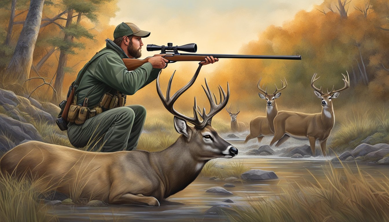 A hunter aiming a rifle at a large buck in the Oklahoma wilderness