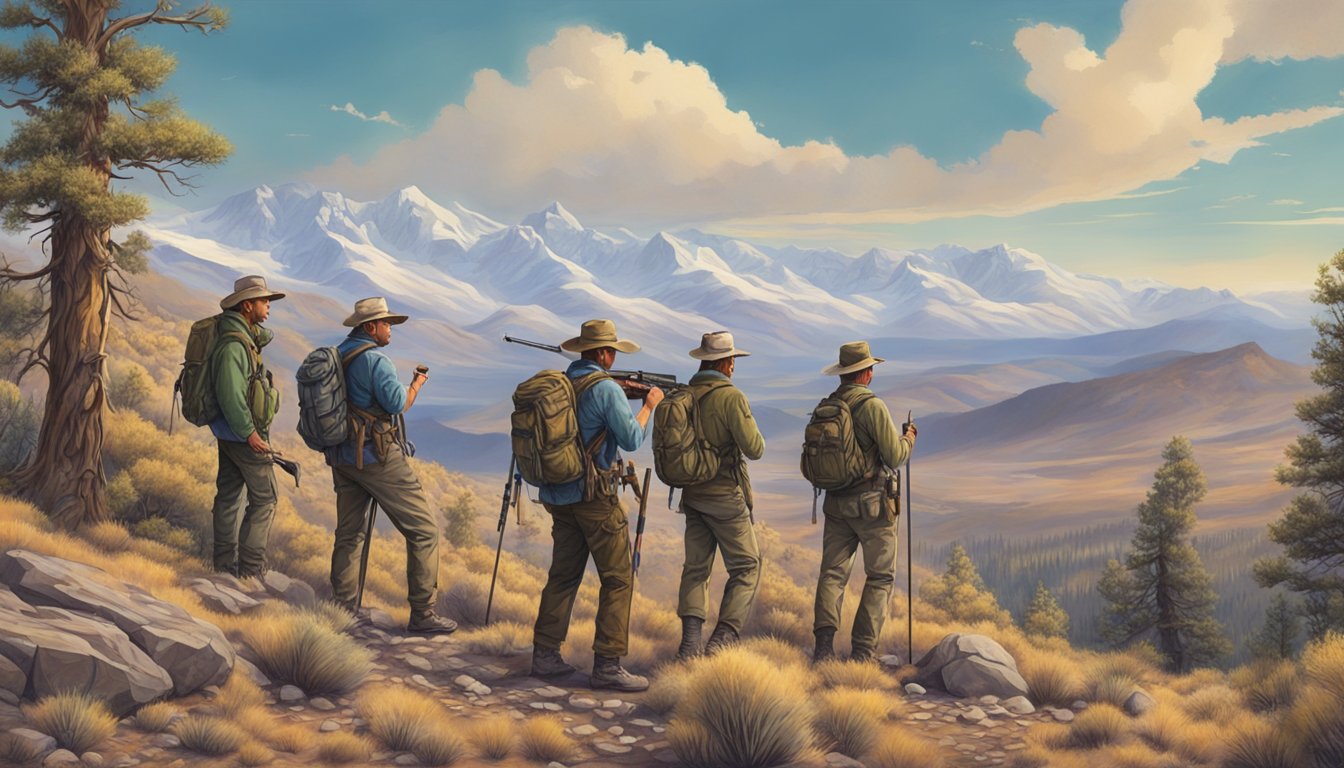 A group of hunters and guides trek through the Nevada wilderness, rifles in hand, scanning the horizon for potential prey