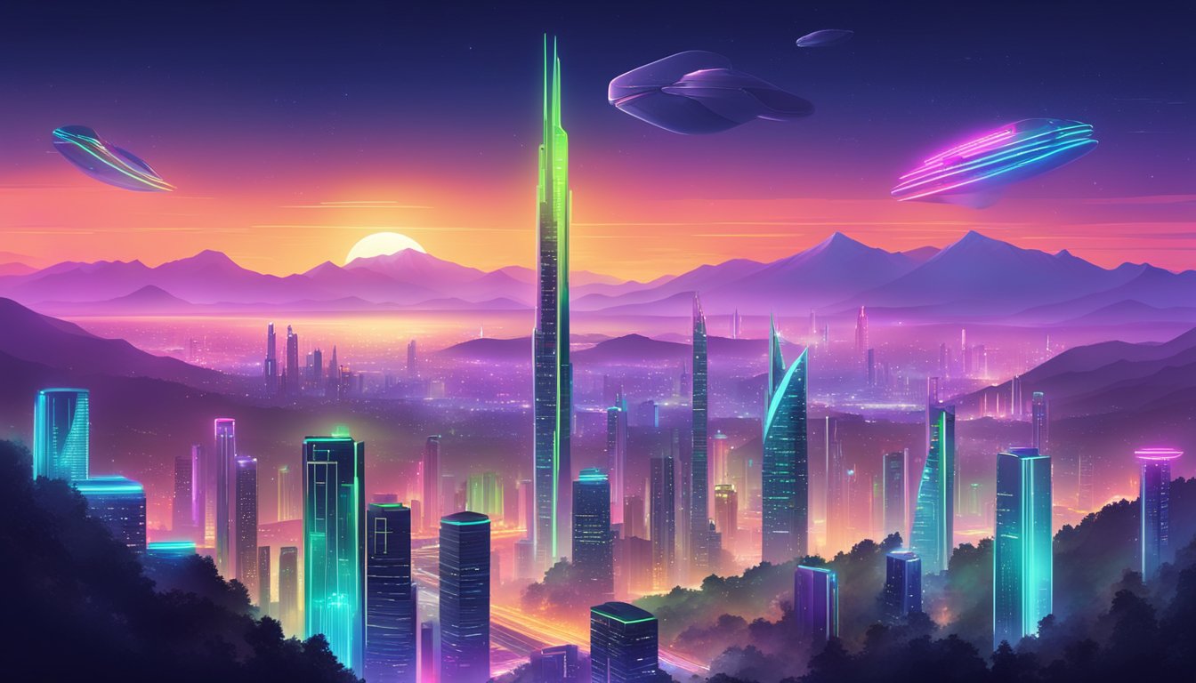 A futuristic cityscape with towering skyscrapers and sleek, high-tech buildings, illuminated by neon lights and surrounded by a lush, mountainous landscape