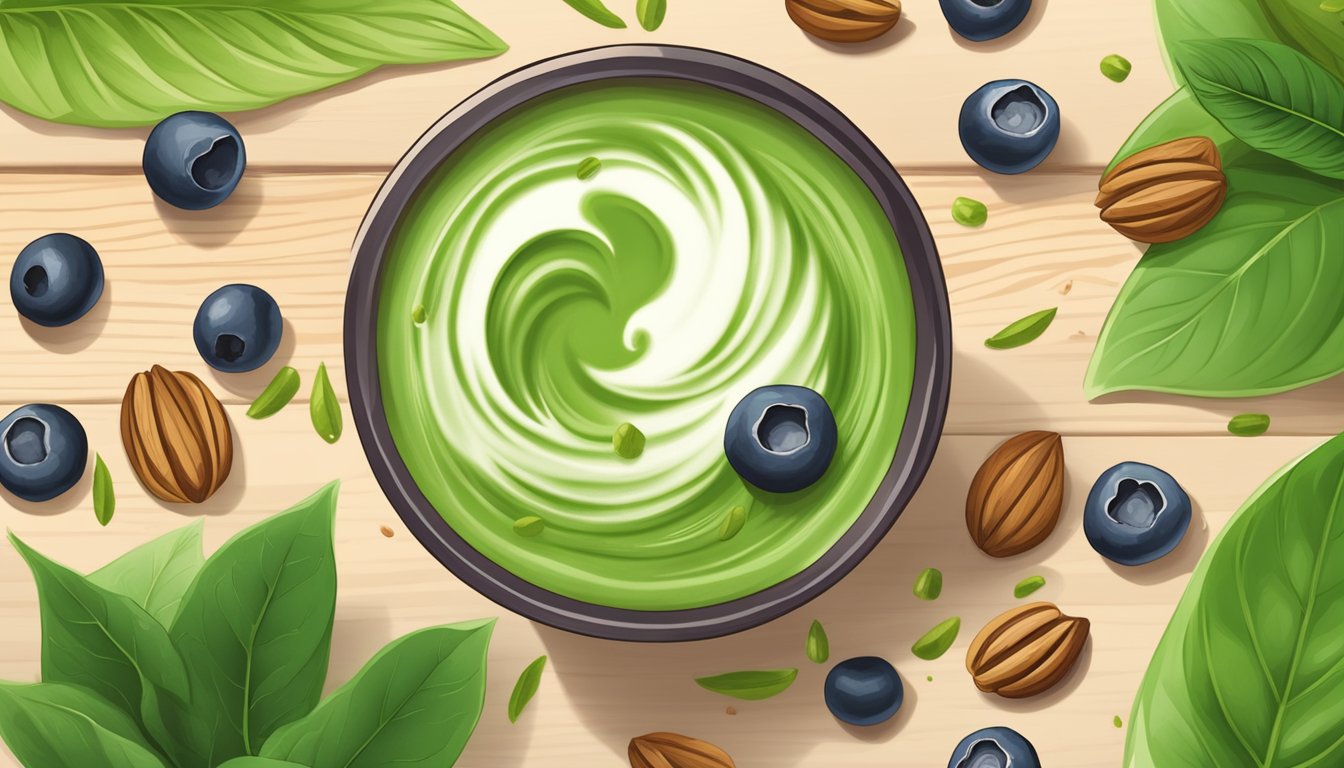 A vibrant green matcha latte surrounded by fresh matcha leaves and a scattering of nuts and berries on a wooden table