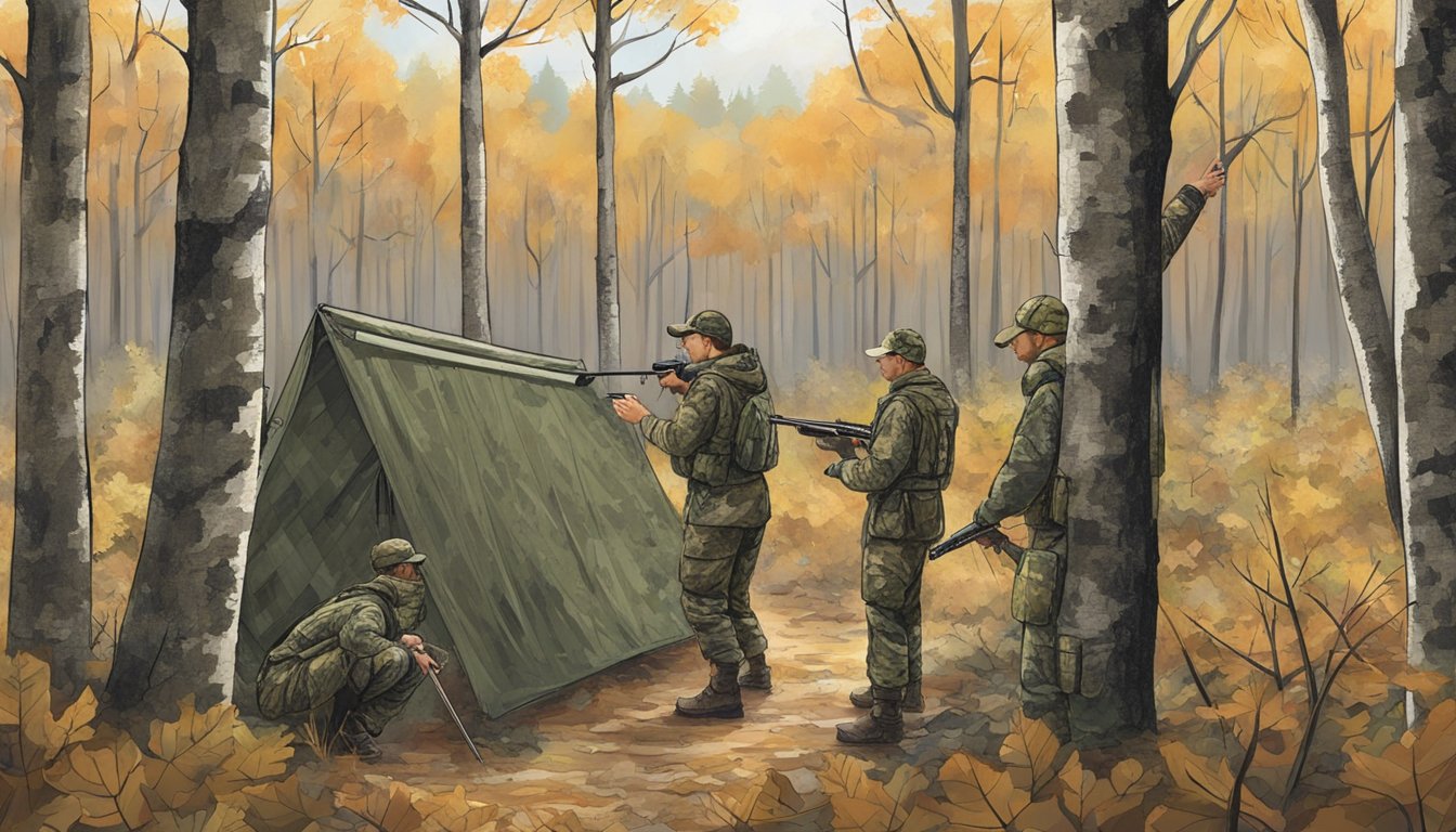 A group of hunters in camouflage gear setting up blinds in a wooded area, while a guide points out designated hunting zones