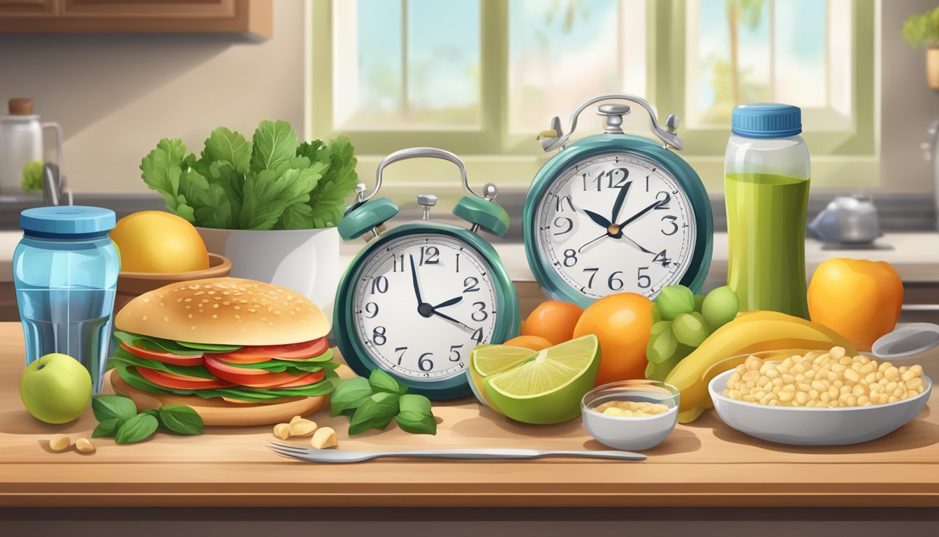 A neatly arranged kitchen counter with a clock showing the time for breaking the fast, surrounded by healthy food and a water bottle