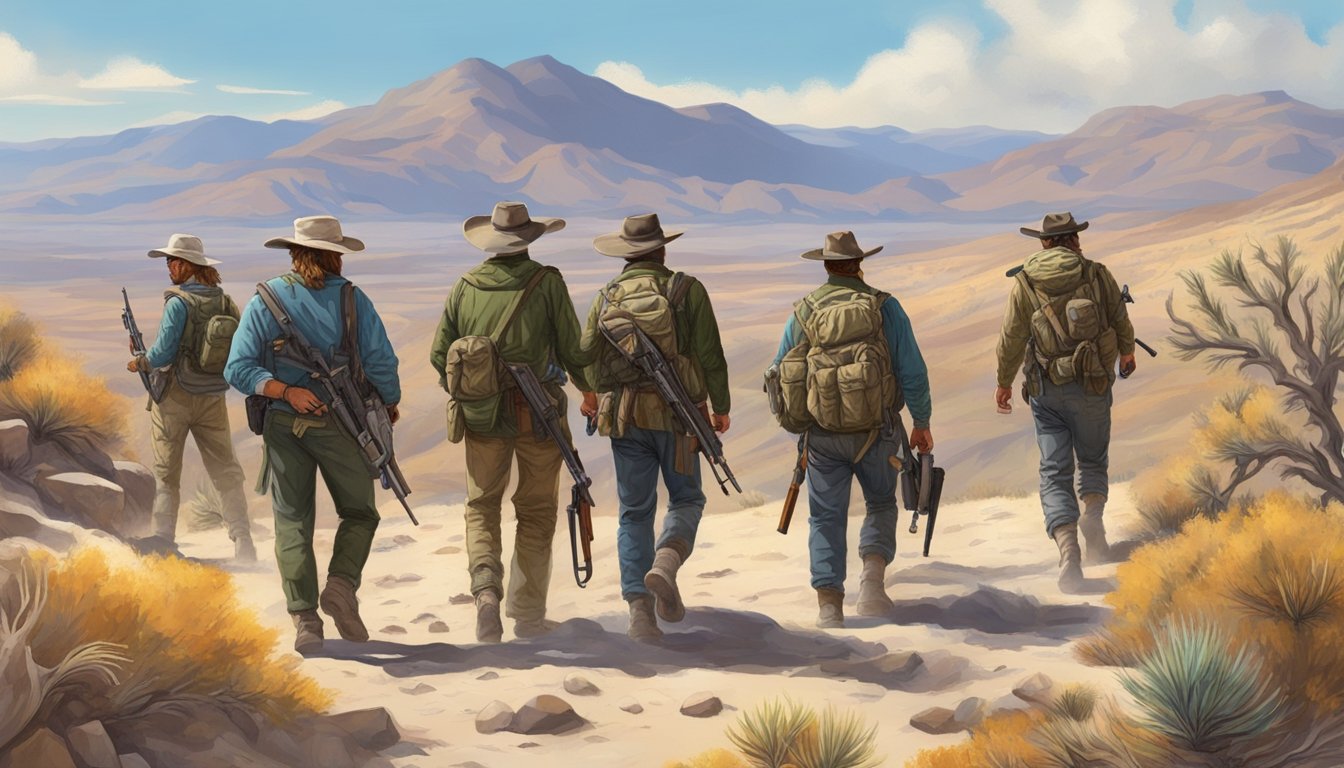 A group of hunters trek through the rugged Nevada desert, rifles in hand, scanning the horizon for the ultimate rooster prey