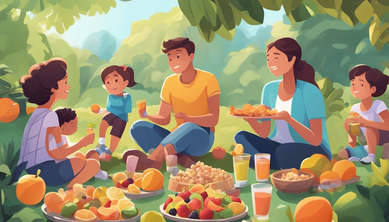 A family engaged in outdoor activities, surrounded by healthy snacks and fruits, while a pile of sugary treats sits untouched in the background