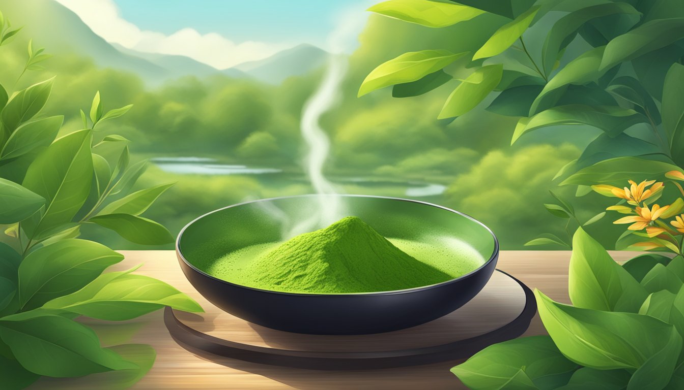 A serene garden with a steaming cup of matcha tea surrounded by vibrant green tea leaves and a scattering of matcha powder