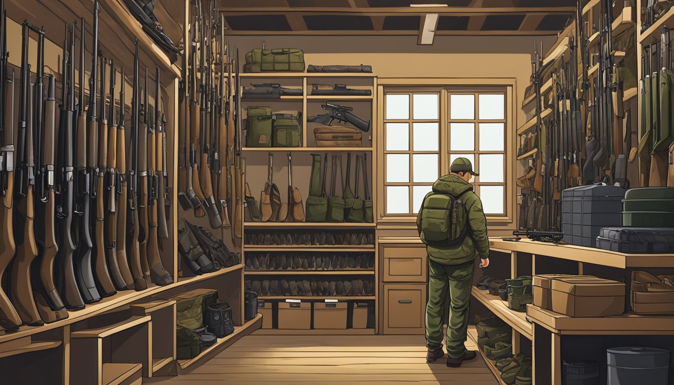 A hunter carefully selects gear from shelves in a well-stocked outfitter shop. Hunting rifles, camouflage clothing, and other equipment are on display