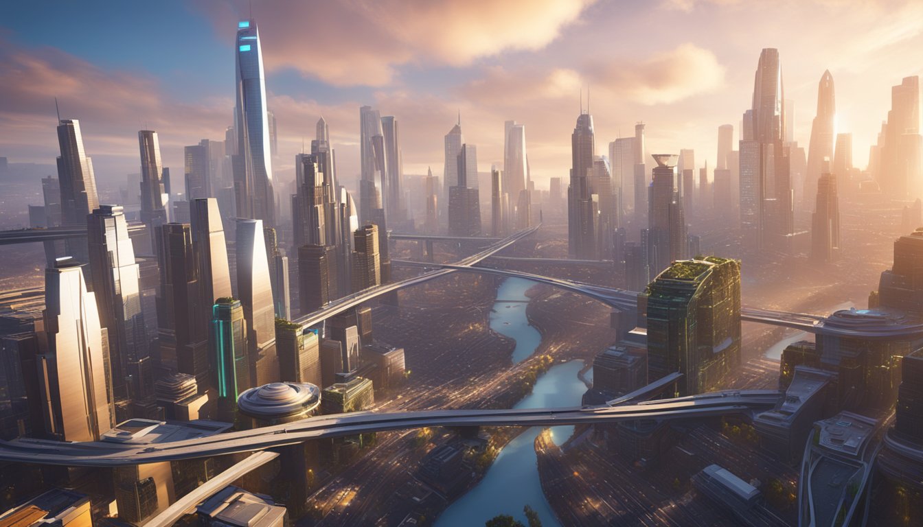 A vast, futuristic cityscape in California, with towering skyscrapers and advanced technology, all powered by the cutting-edge Unreal Engine 5