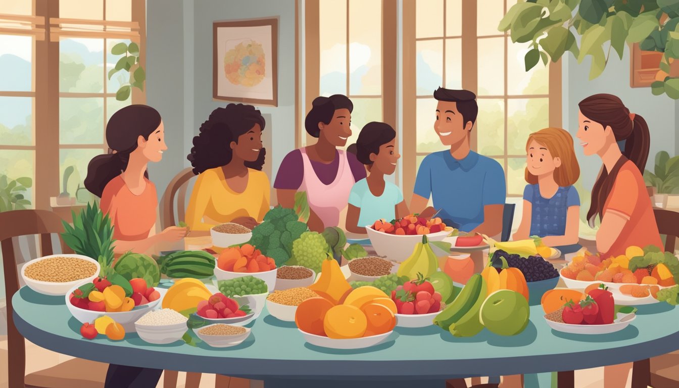 A family gathering around a table with a variety of fruits, vegetables, and whole grains, while sugary treats are kept out of sight