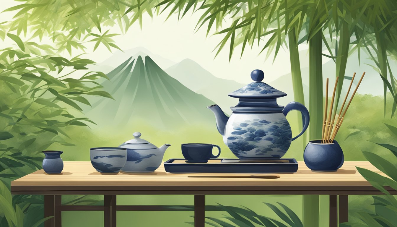 A serene Japanese garden with a traditional tea ceremony set-up, featuring matcha powder, a bamboo whisk, and a delicate porcelain bowl