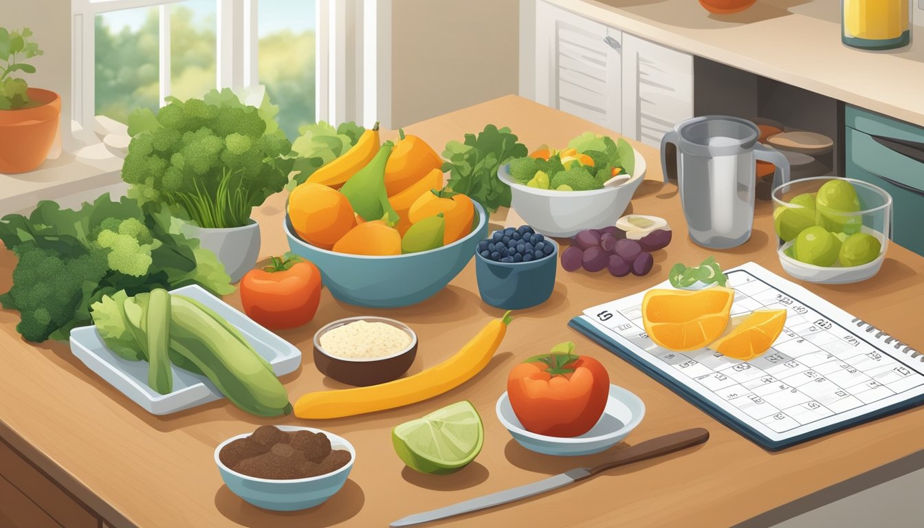 A kitchen counter with various healthy foods arranged in a visually appealing manner, surrounded by a calendar and a clock indicating the time for fasting and eating