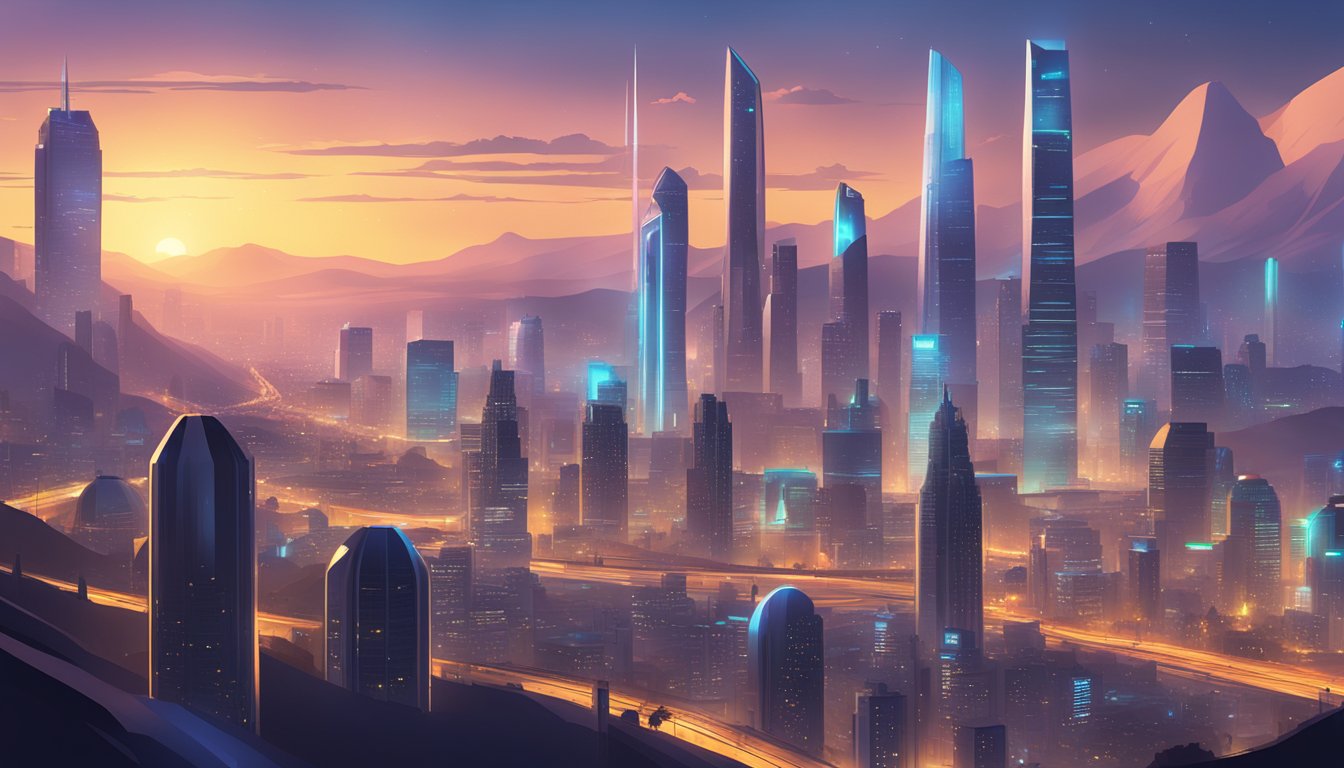 A futuristic cityscape in California with a large, glowing Blender Game Engine logo dominating the skyline