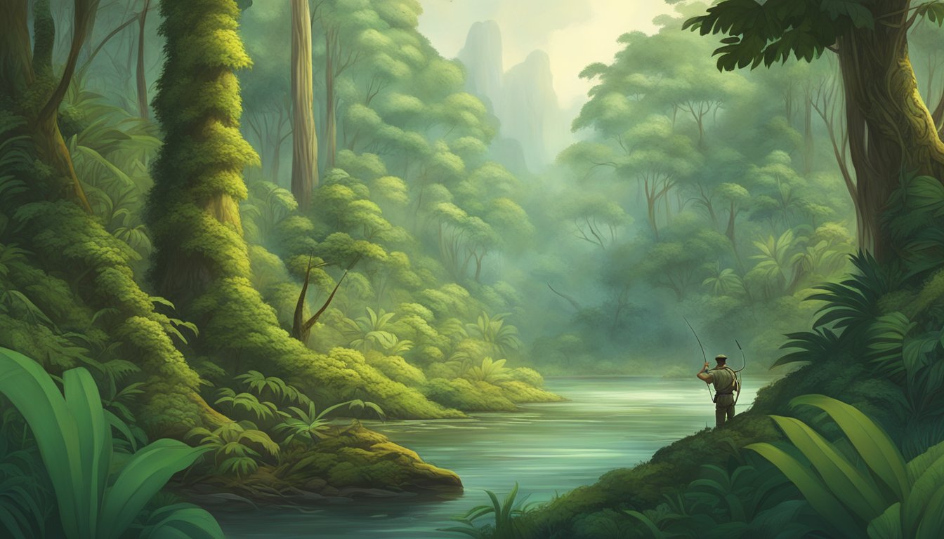 Lush rainforest with towering trees, a winding river, and diverse wildlife. A hunter with a bow and arrow stalks through the underbrush