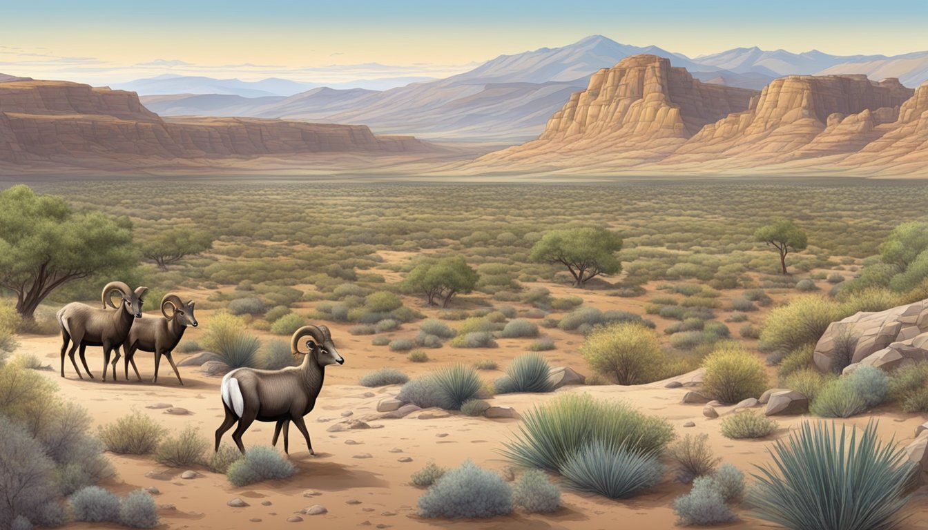 Vast desert landscape with rocky terrain and sparse vegetation, dotted with native wildlife such as bighorn sheep, mule deer, and coyotes