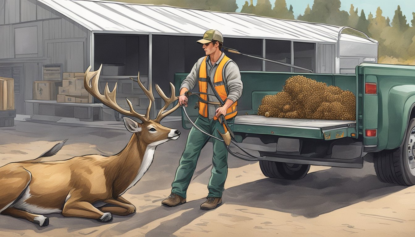 A hunter unloading a deer from a truck at a game processing facility in California