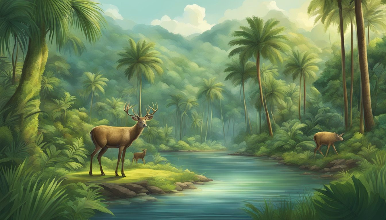 A lush, tropical forest with towering palm trees, a winding river, and a variety of wildlife, including deer and wild boar