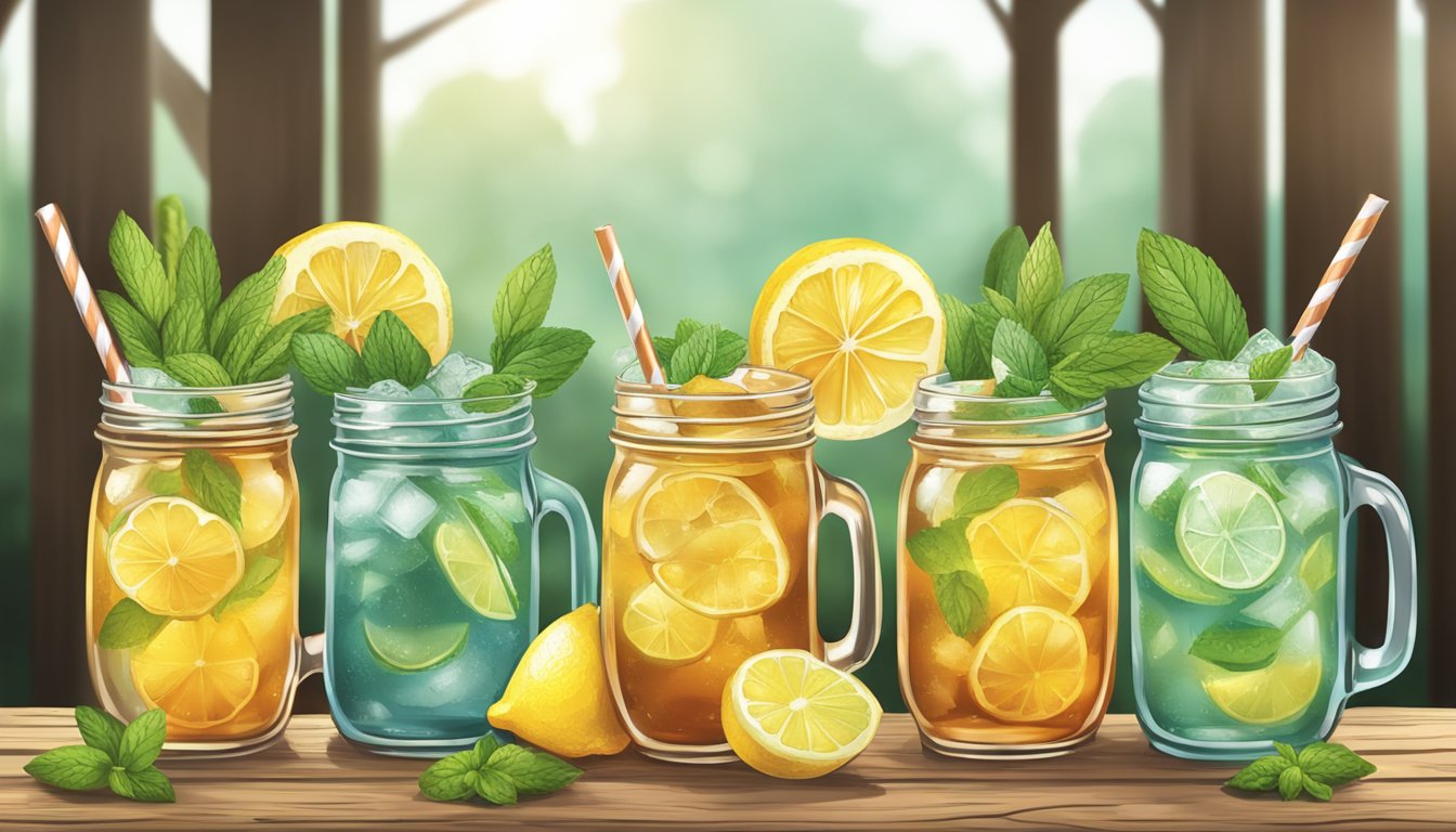 A rustic wooden table with six mason jars filled with Cowboy Iced Tea mocktails, adorned with lemon wedges and sprigs of fresh mint