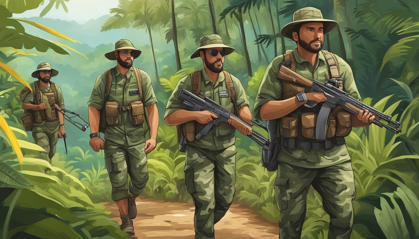 A group of hunters in camouflage gear, carrying rifles and backpacks, trek through the lush Puerto Rican jungle on a La Parguera Eco Tour