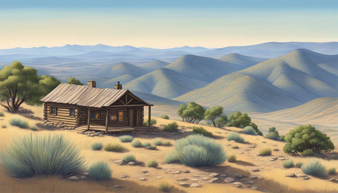 A vast, rugged landscape in New Mexico, with rolling hills, rocky terrain, and sparse vegetation. A clear blue sky stretches overhead, and in the distance, a small hunting outfitter's cabin sits nestled among the trees