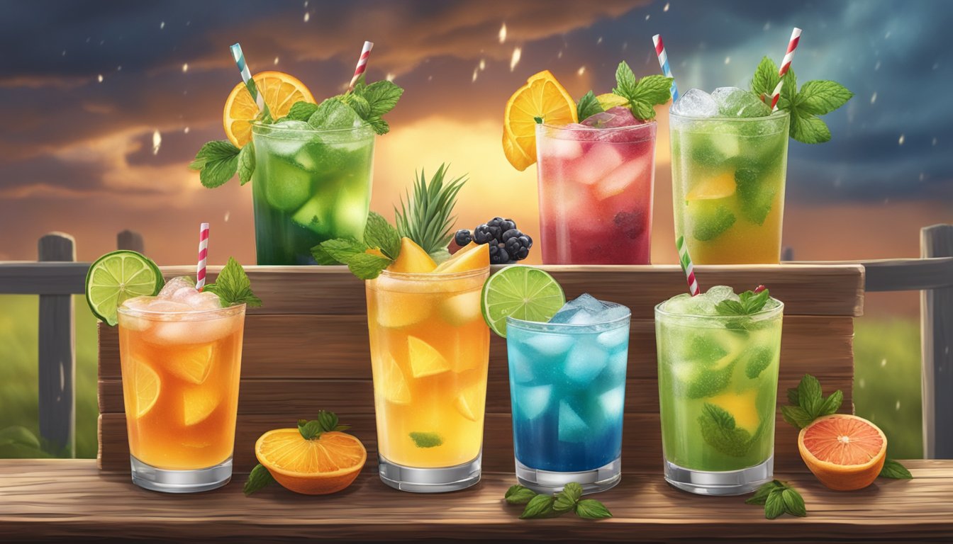 A rustic wooden bar with six colorful mocktails, each garnished with fruit and herbs, set against a backdrop of a Texas tornado swirling in the distance