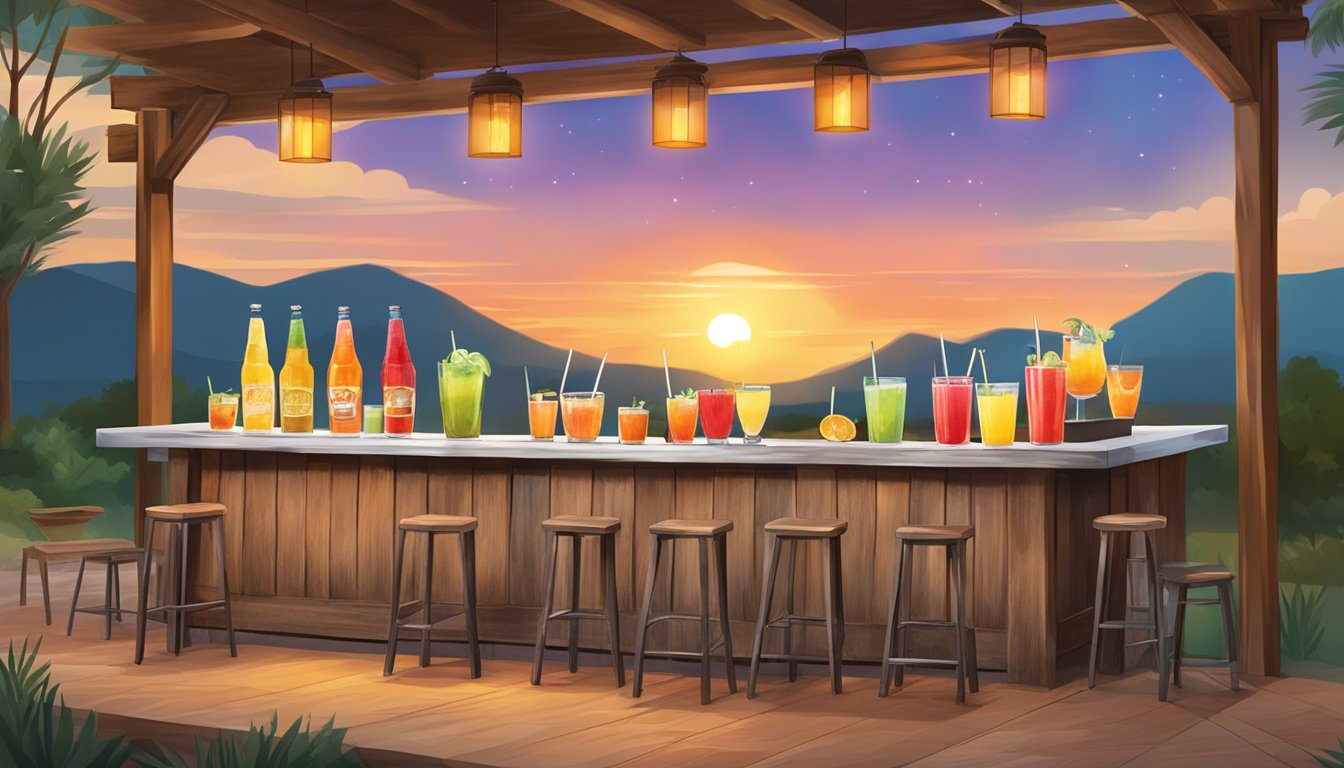 A warm Texas sunset over a rustic outdoor bar with six colorful and refreshing mocktails on display