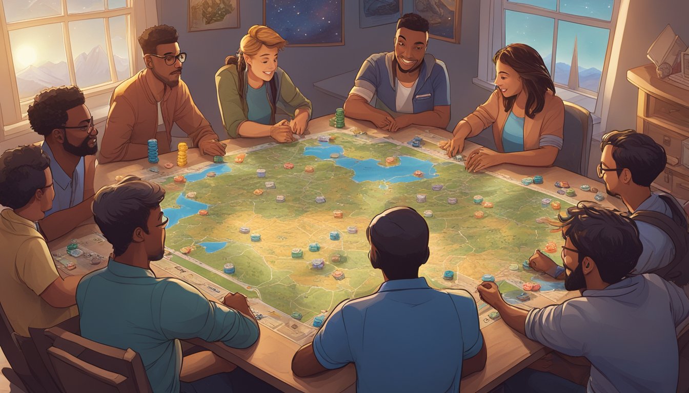 A group of players gather around a table, placing game pieces on a map of Colorado. The room is filled with excitement as they navigate the celestial-themed board game