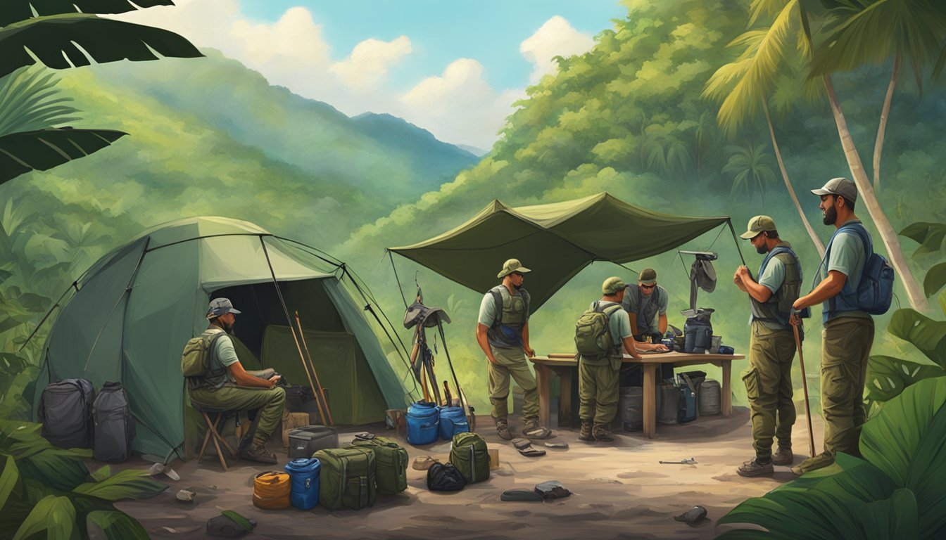 A group of hunters and guides prepare their gear at the Puerto Rico Angling Company base camp, surrounded by lush tropical forests and mountains