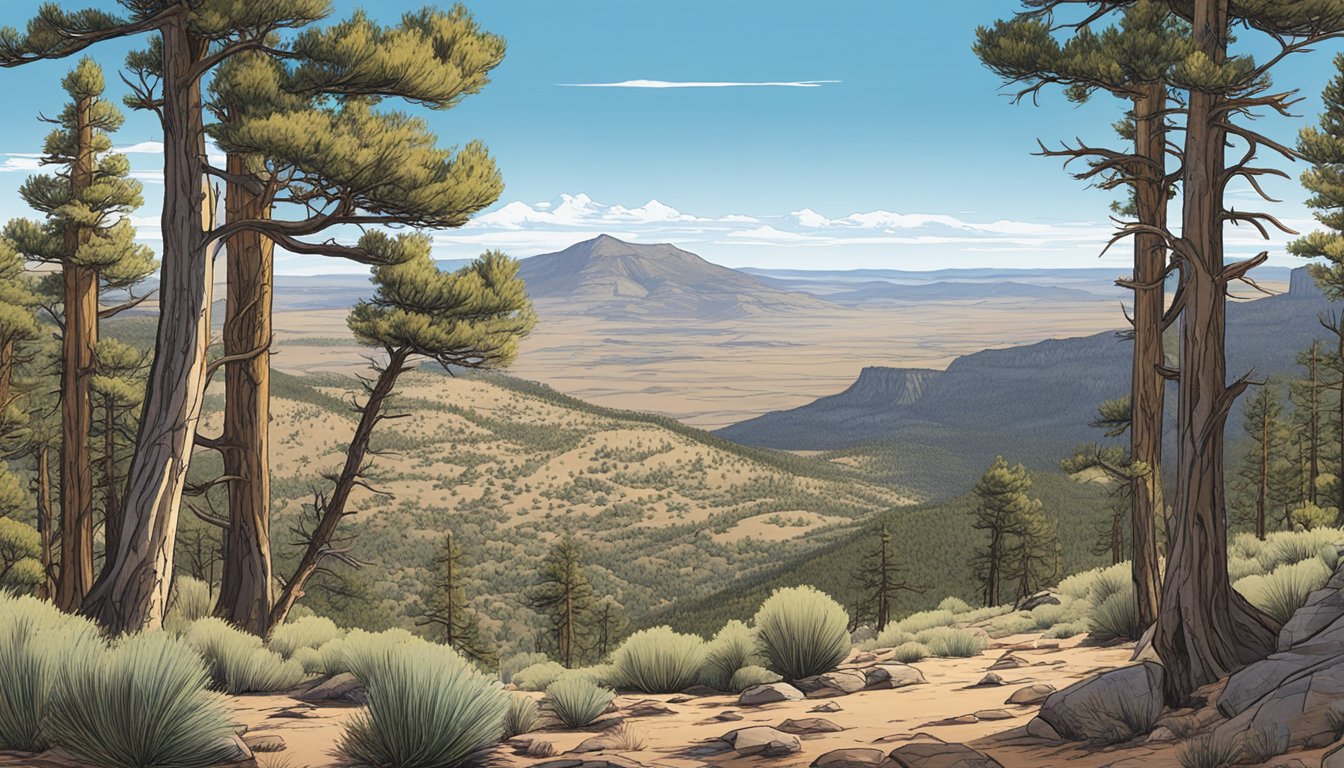 A rugged landscape of New Mexico with mountains, pine trees, and a clear blue sky, showcasing the ideal hunting grounds for JACO Outfitters