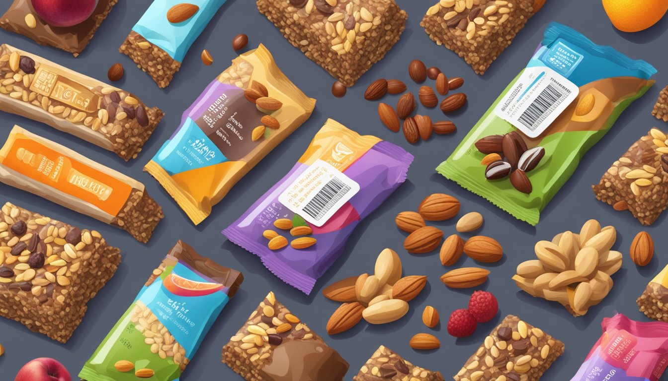 A variety of energy bars arranged on a wooden table, surrounded by colorful fruits and nuts. A nutrition label and a glass of water complete the scene