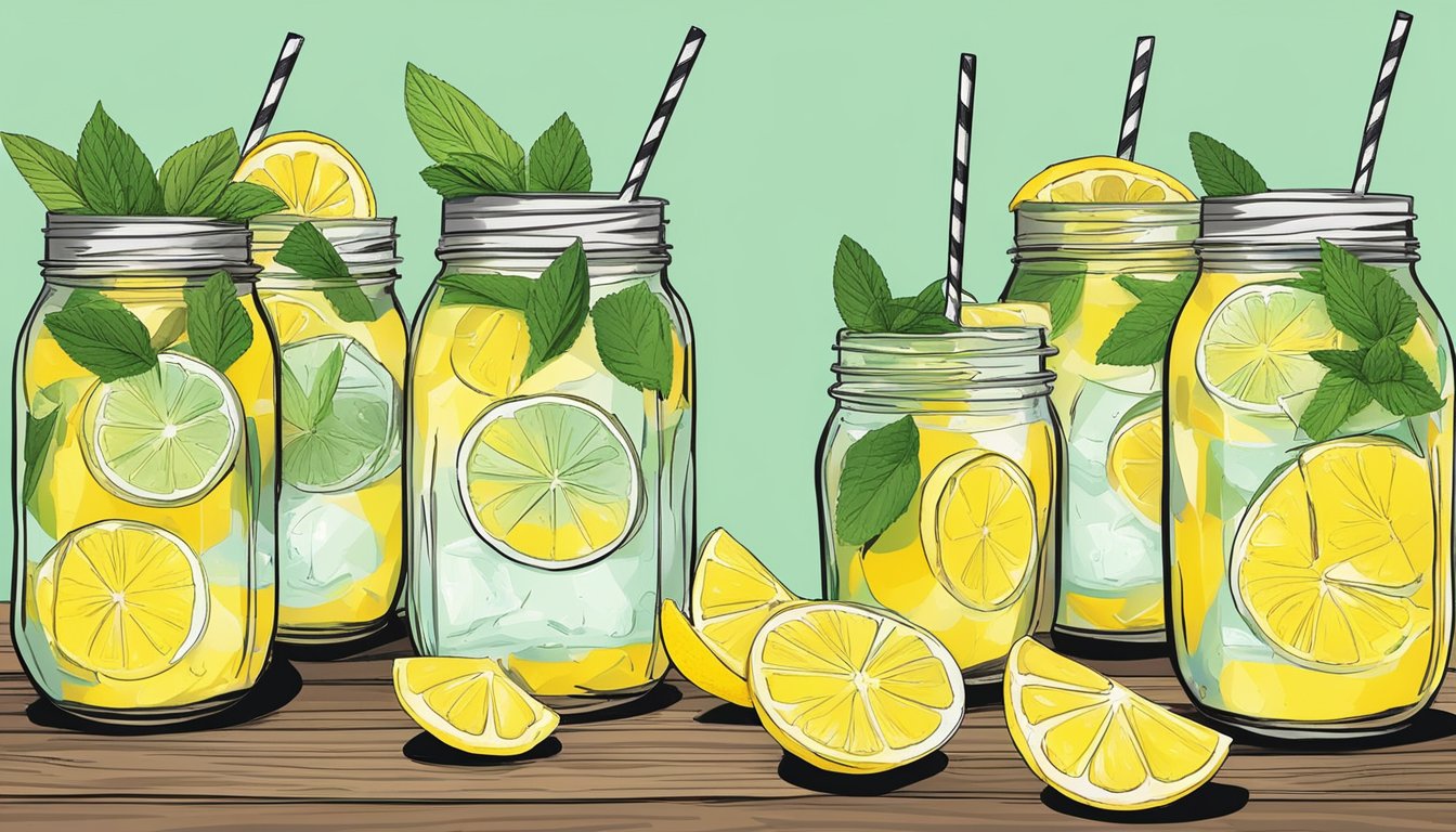 A rustic wooden table with six mason jars filled with vibrant yellow Lone Star Lemonade mocktails, surrounded by slices of fresh lemon and sprigs of mint