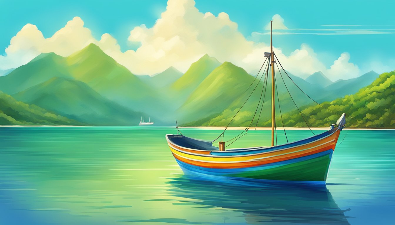 A colorful fishing boat sails on calm Caribbean waters under a bright blue sky, with lush green mountains in the background