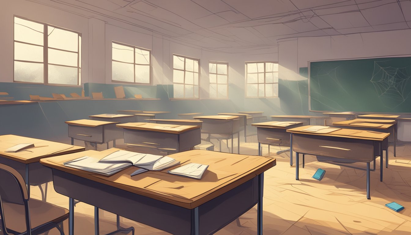 A deserted classroom with empty desks and abandoned school supplies, covered in dust and cobwebs. A sense of neglect and disuse permeates the air