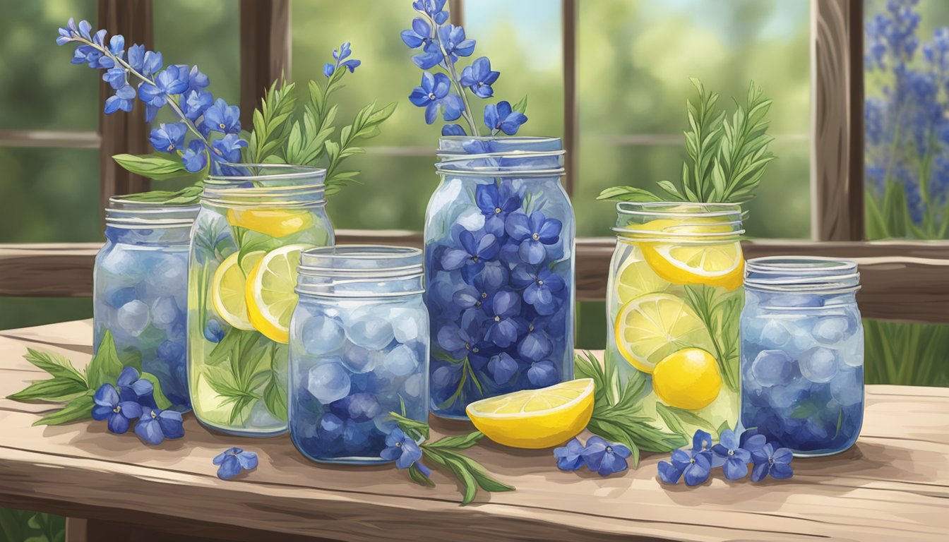 A rustic wooden table with six mason jars filled with bubbling Bluebonnet Fizz mocktails, surrounded by sprigs of fresh bluebonnets and slices of lemon