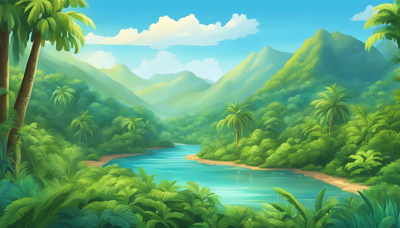 A lush tropical forest with a clear stream, vibrant flora, and native wildlife, set against a backdrop of mountains and a bright blue sky