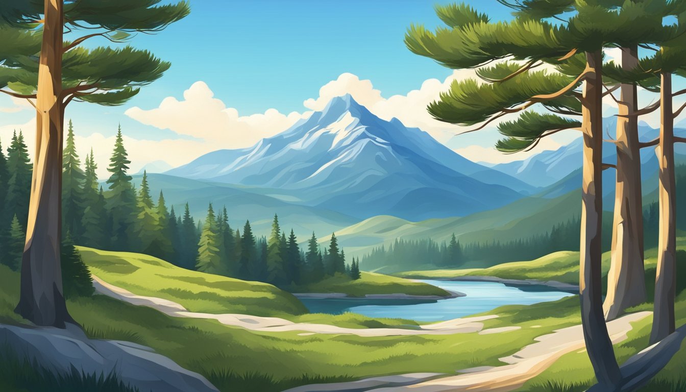 A mountain landscape with a winding river, pine trees, and a clear blue sky