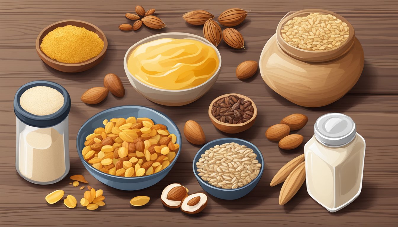 A variety of nuts, seeds, oats, and dried fruits scattered on a wooden cutting board, with a jar of honey and a bowl of protein powder nearby