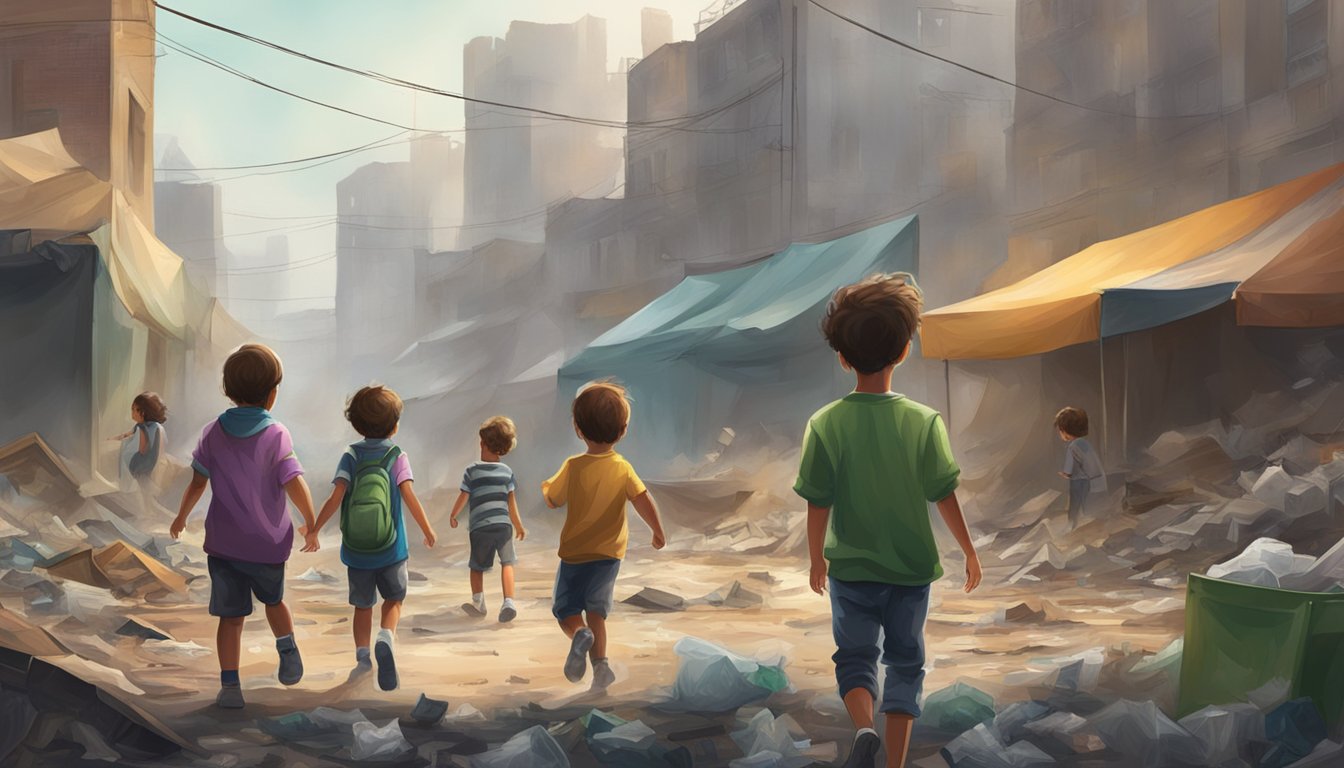 Children playing outside in a polluted urban area, surrounded by trash and smog