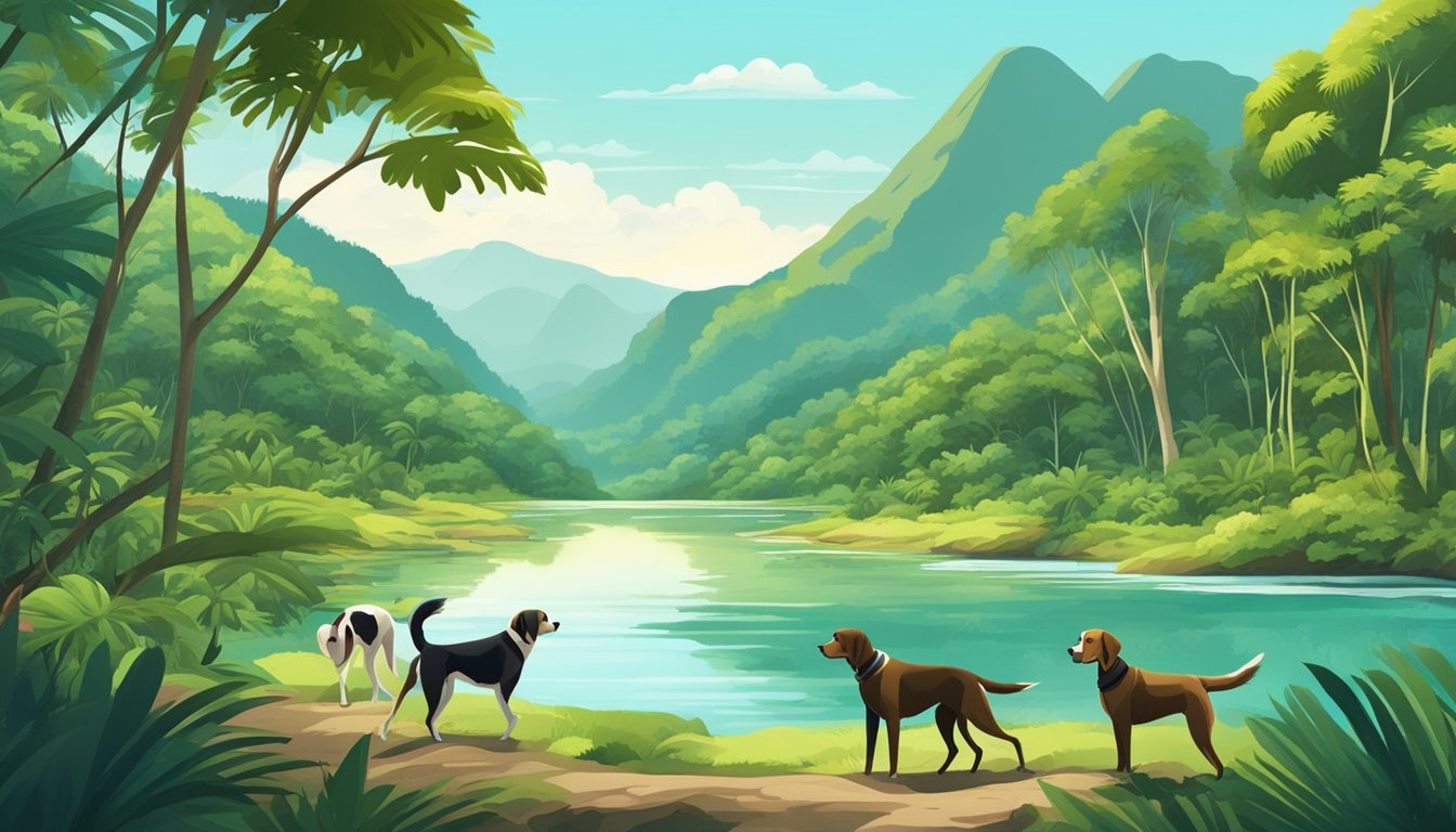 A lush tropical forest with a river, mountains, and a clear blue sky in the background. A hunting lodge and a group of hunting dogs are visible