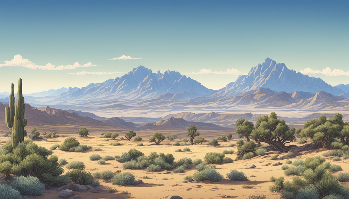 A rugged landscape of desert plains and rocky mountains, dotted with juniper and pine trees, under a clear blue sky